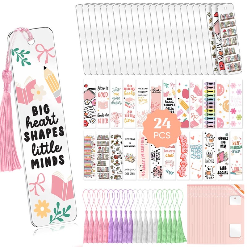 Kaciola 24 Acrylic Bookmark Blanks with 24 UV DTF Stickers About Booklover Theme and 4 Colors Tassels Blank Bookmarks Waterproof UV DTF Transfers Stickers for DIY Crafts Hanging Tag Gift - Image 1
